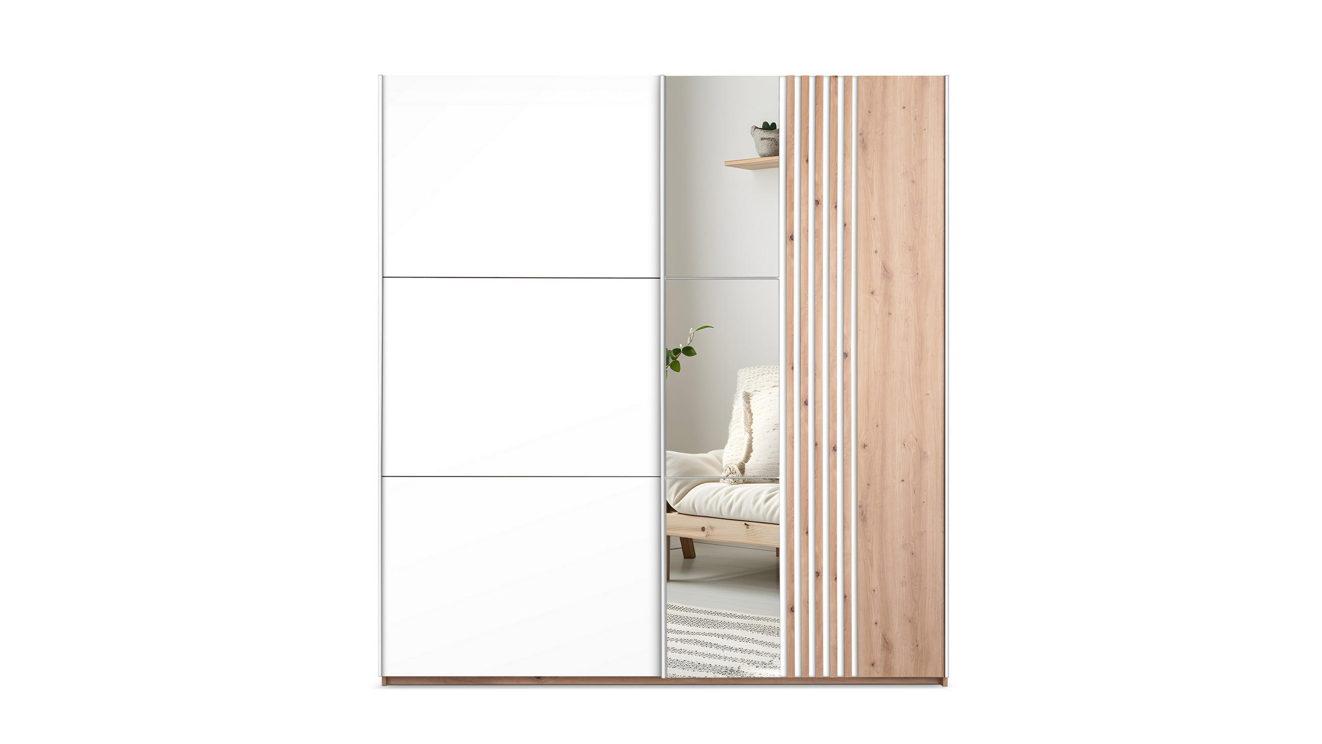 SCHWEBETÜRENSCHRANK ATROX 203/215/65 cm 2-türig mit Spiegel Weiß - Eiche Wotan/Weiß, Holzwerkstoff (203/215/65cm) - MASSENO