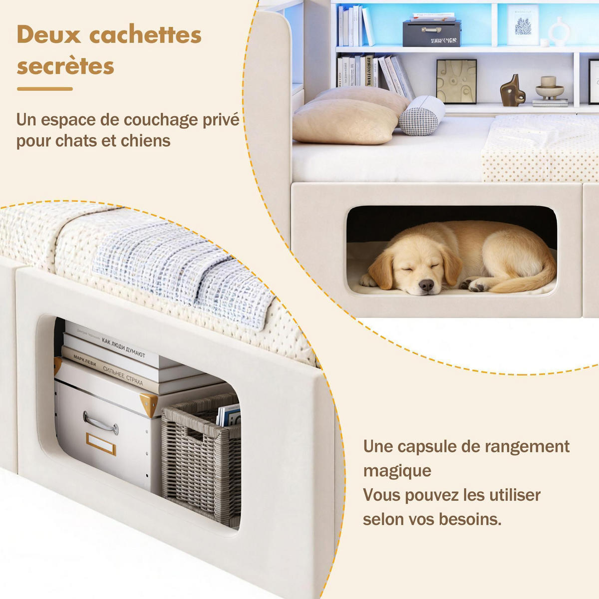 TAGESBETT 90x200 cm mit super großen Tierhöhle in beigem Samt - Beige, Textil (90/200cm) - KOMHTOM