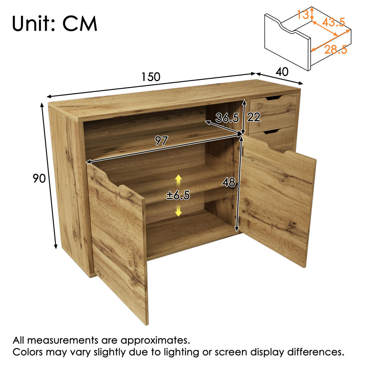 SIDEBOARD 150/40/90 cm mit 2 Türen, 4 Schubladen, offenem Fach und verstellbaren Einlegeböden, Eichefarben - Eichefarben, Holzwerkstoff (150/90/40cm) - Redom