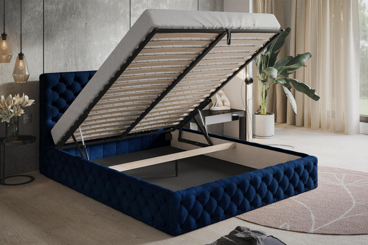 BETT 90x200 - Polsterbett mit Bettkasten und Metallrahmen - Elegant Betten - Glatter Kronos-Stoff - Kollektion Miami, Blau - Blau, Holz/Textil (90/200cm) - Alpi-Möbel