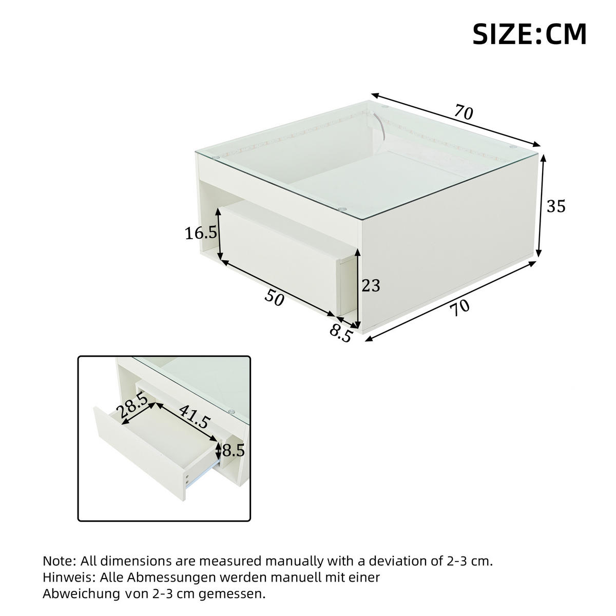 COUCHTISCH in Weiß Kaffeetisch mit 2 Schubladen, LED & gehärtetem Glas, Hochglanz, für Wohnzimmer, B70/T70/H35cm - Weiß, Glas/Holzwerkstoff (70/70/35cm) - STILVORA