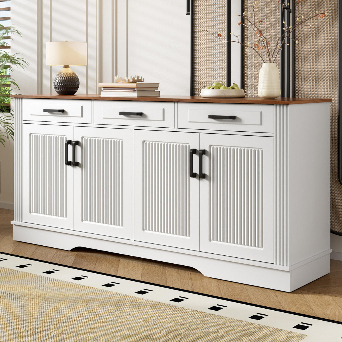 SIDEBOARD 3D Front 4 Türen 3 Schubladen MDF - Weiß, Holzwerkstoff (160/75/40cm) - FLIEKS