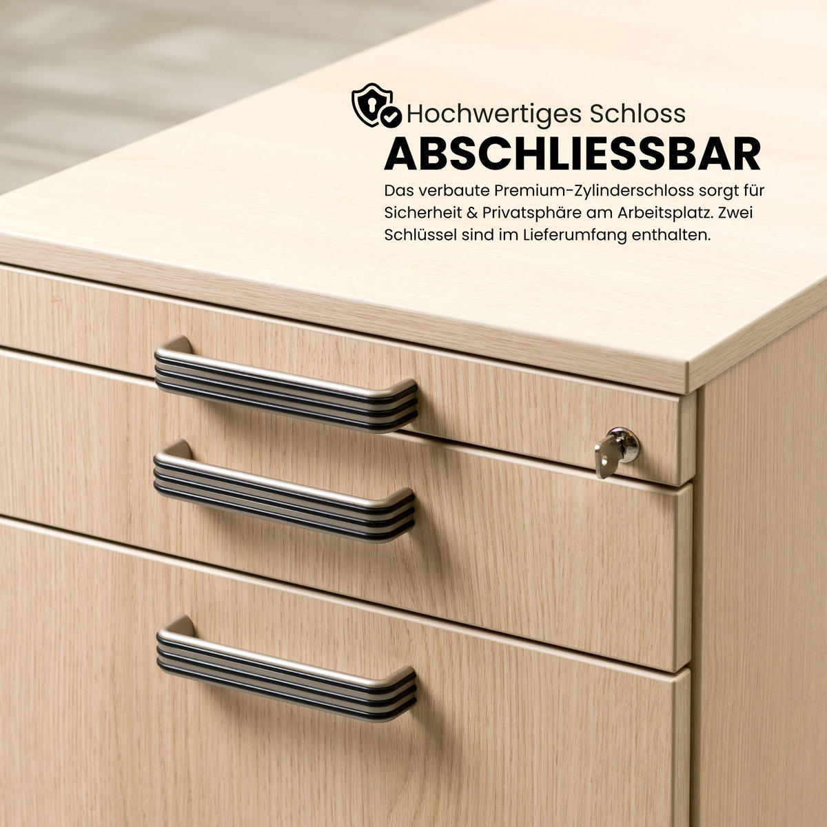 ROLLCONTAINER - mit Hängeregistratur 58/42,8/59 cm in Buchefarben Bügelgriff (Metall) - Buchefarben, Holzwerkstoff (42.8/59/58cm) - bümö