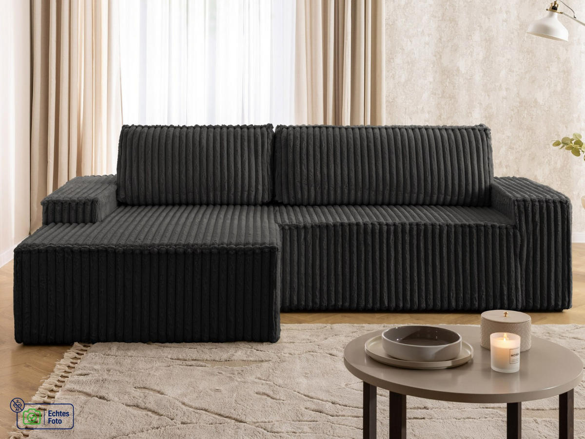 ECKSOFA Rivio mit Schlaffunktion und Bettkasten, Plüschcord Dunkelgrau - Dunkelgrau/Schwarz, Holz/Kunststoff (149/262cm) - S-Style