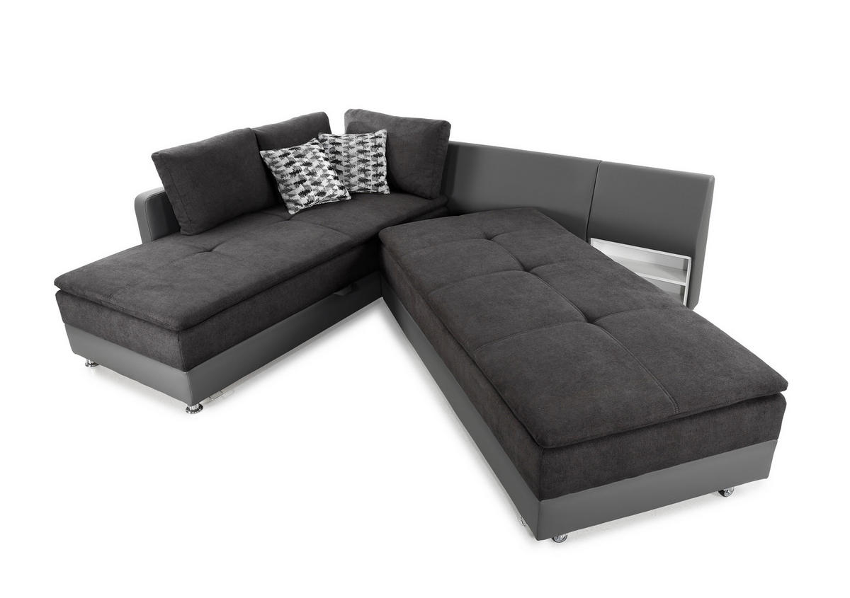 ECKSOFA-DAUERSCHLÄFER Doppelbett Boxspring Federkern Topper, Schwenkteil rechts B306/T223/H95 cm, Kunstleder Grau+Mikrofaser Anthrazit / 15106 - Chromfarben/Anthrazit, Textil/Metall (306/223cm) - luma-home
