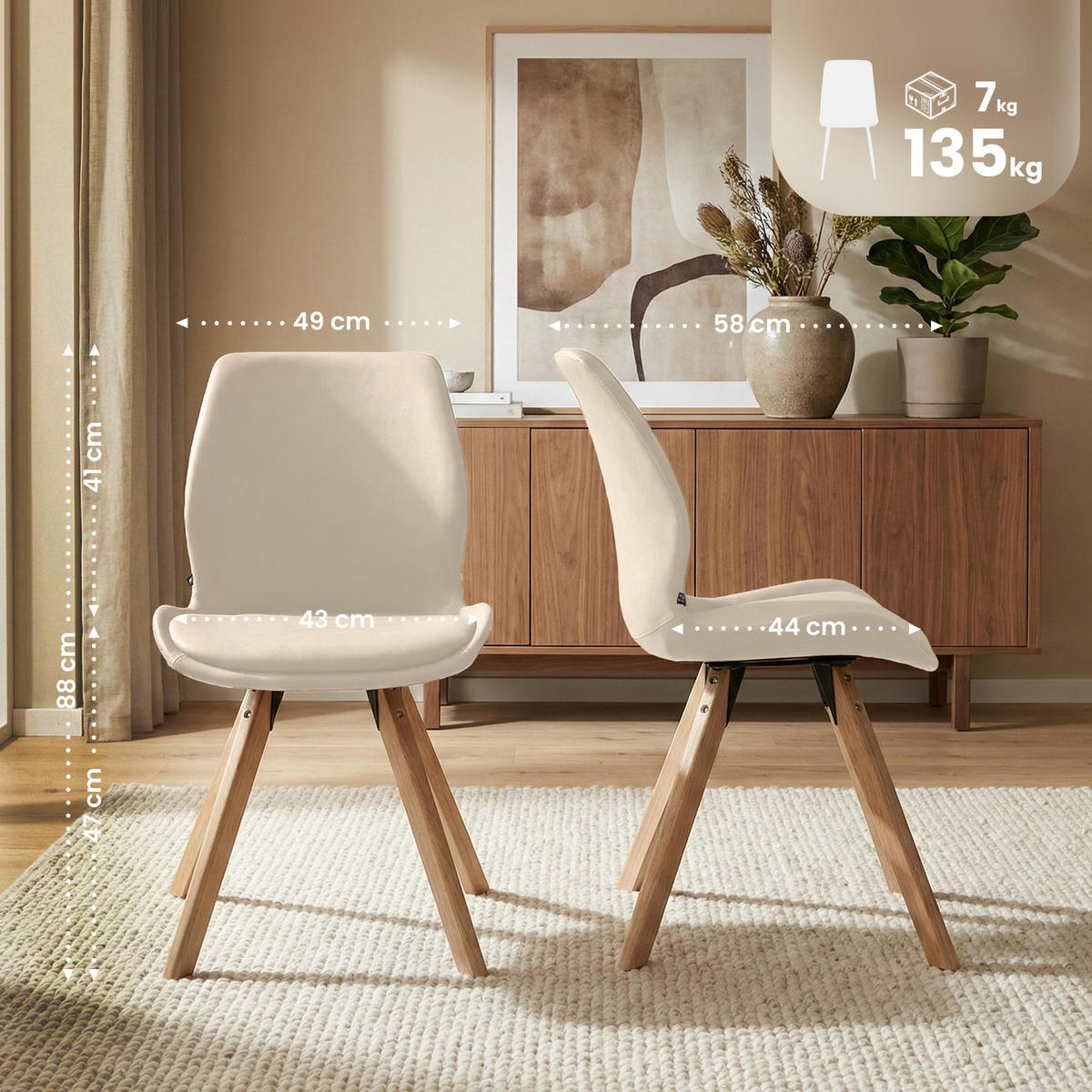 STUHL Lederlook Creme - Eukalyptusholzfarben/Creme, Holz/Textil (49/87/58cm) - CLP