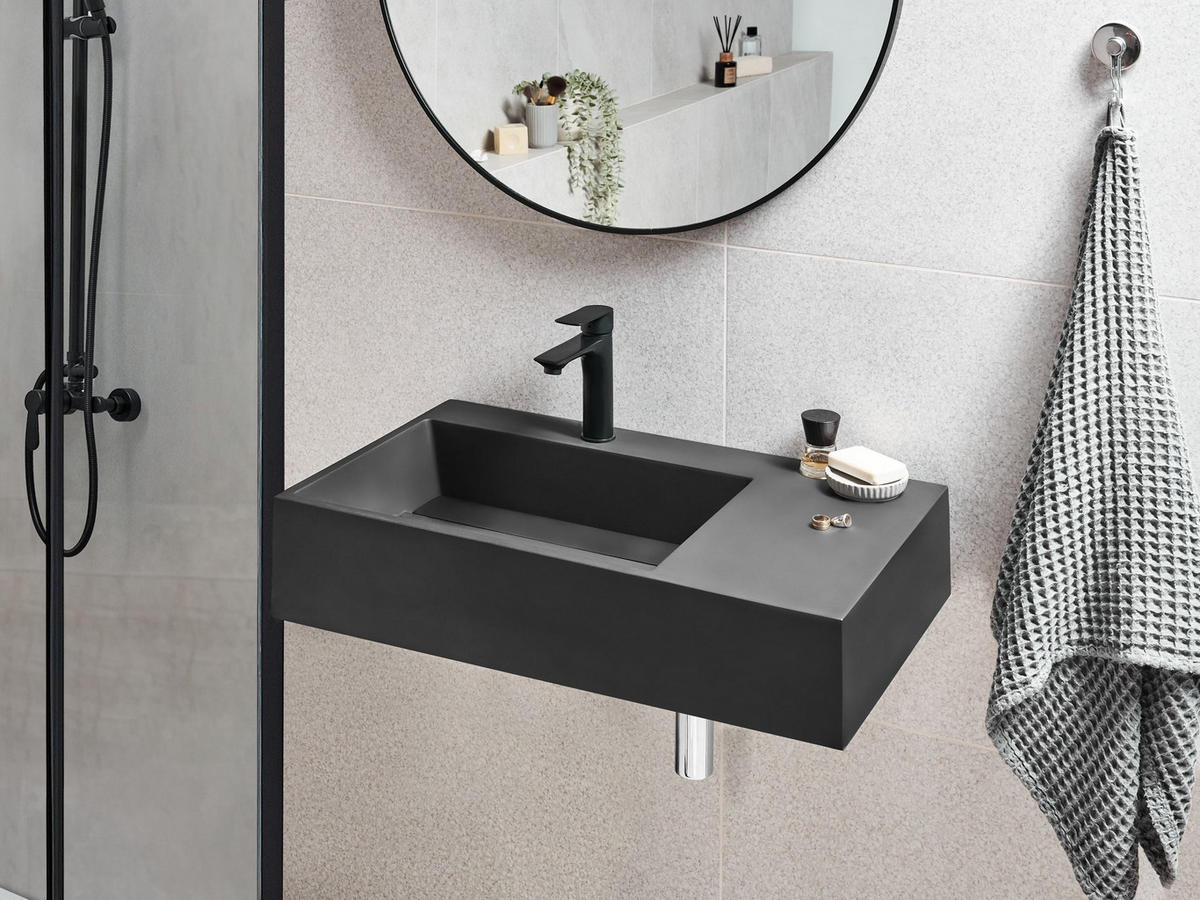 HÄNGEWASCHBECKEN Schwarz 75/43 cm Mineralguss Cusco - Schwarz, Naturmaterialien (75/15/43cm) - Beliani