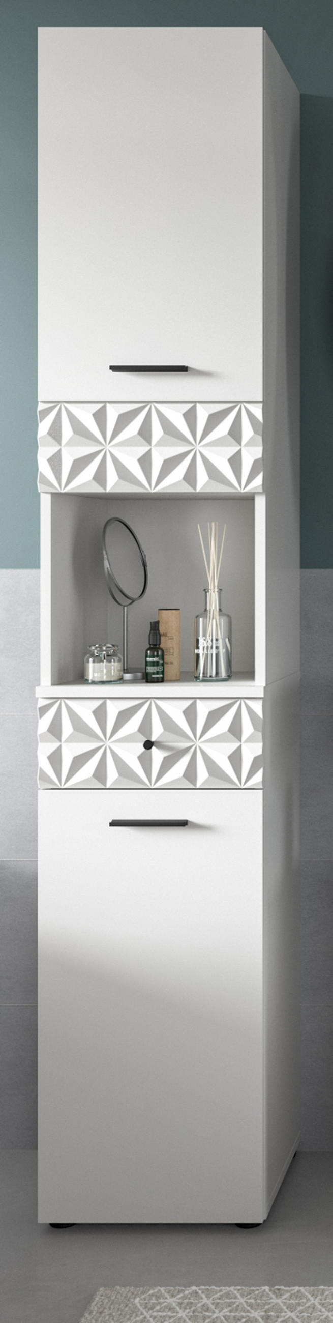 HOCHSCHRANK weiß Hochglanz 35 cm, Badschrank mit 3D-Struktur - Weiß Hochglanz/Schwarz, Holzwerkstoff/Kunststoff (35/187/34cm) - Inn.Furn