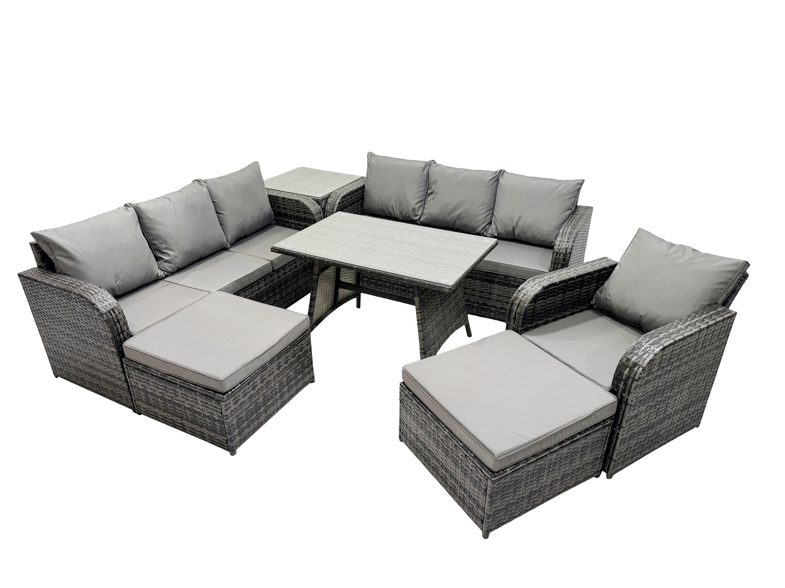 GARTENSET Hohe Rückenlehne Polyrattan 9-Sitzer - Dunkelgrau/Grau, Glas/Kunststoff - Fimous