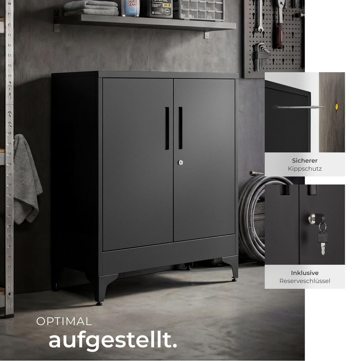 AKTENSCHRANK Blake, Kippschutz, höhenverstellbare Füße, schwarz - Schwarz, Metall (80/100/40cm) - tectake