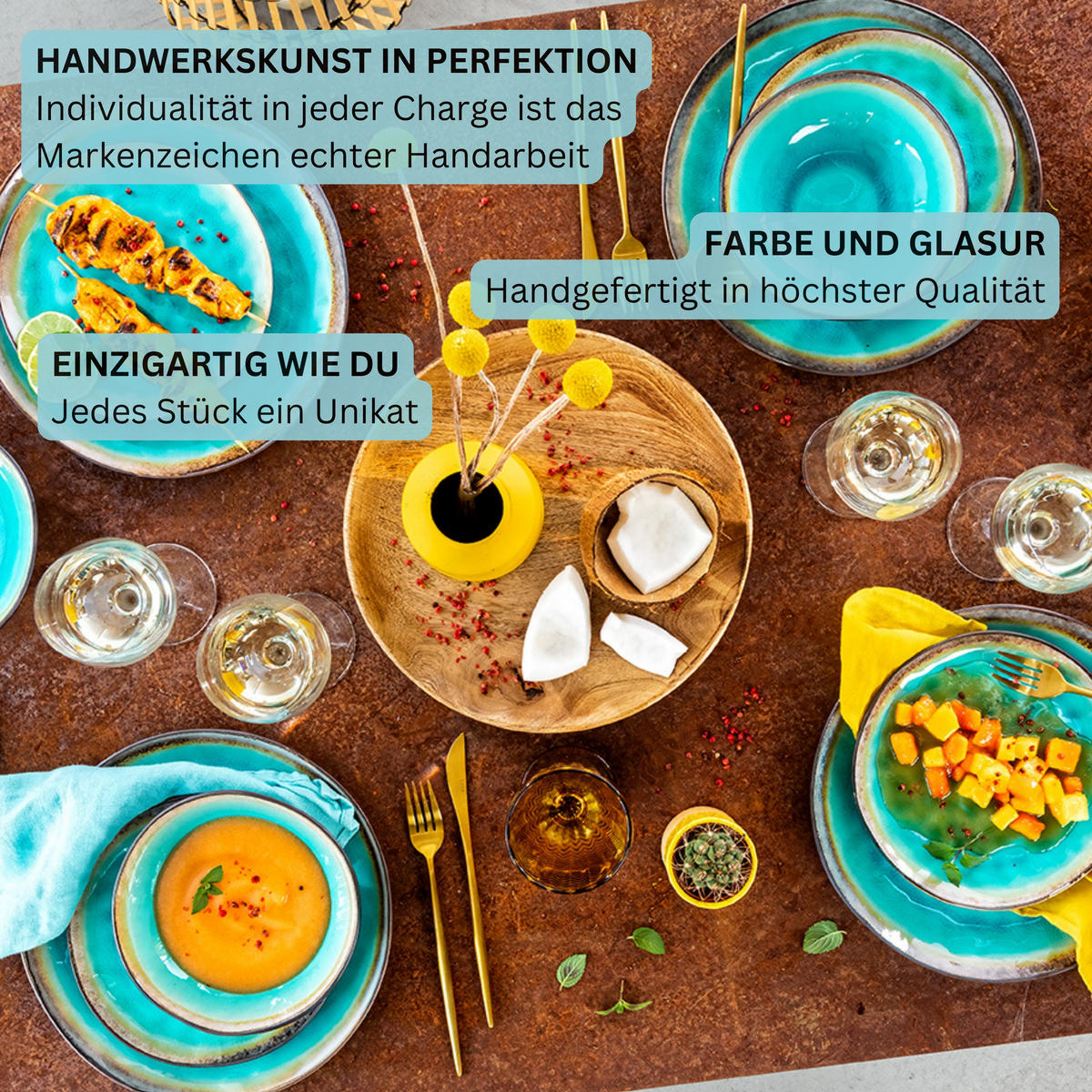 TAFELSERVICE CAPRI - 36 teilig aus Steingut 12 Personen - Türkis, Stein (50/30/80cm) - Sänger