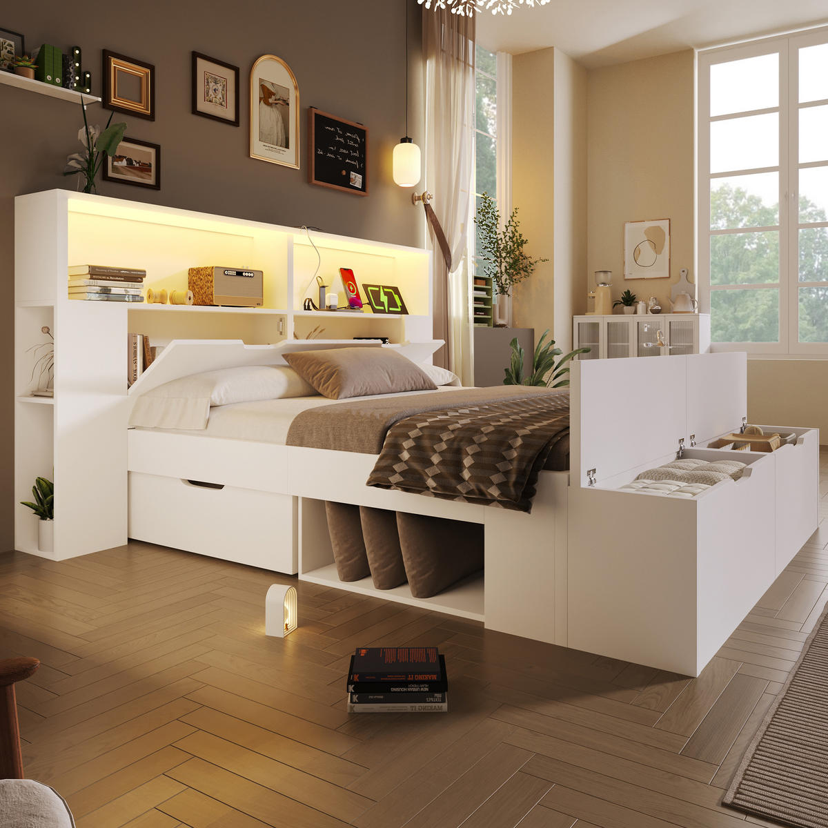 POLSTERBETT 140x200 cm in Weiß mit LED-Beleuchtung & USB-C - Weiß, Holzwerkstoff (140/200cm) - Modfu