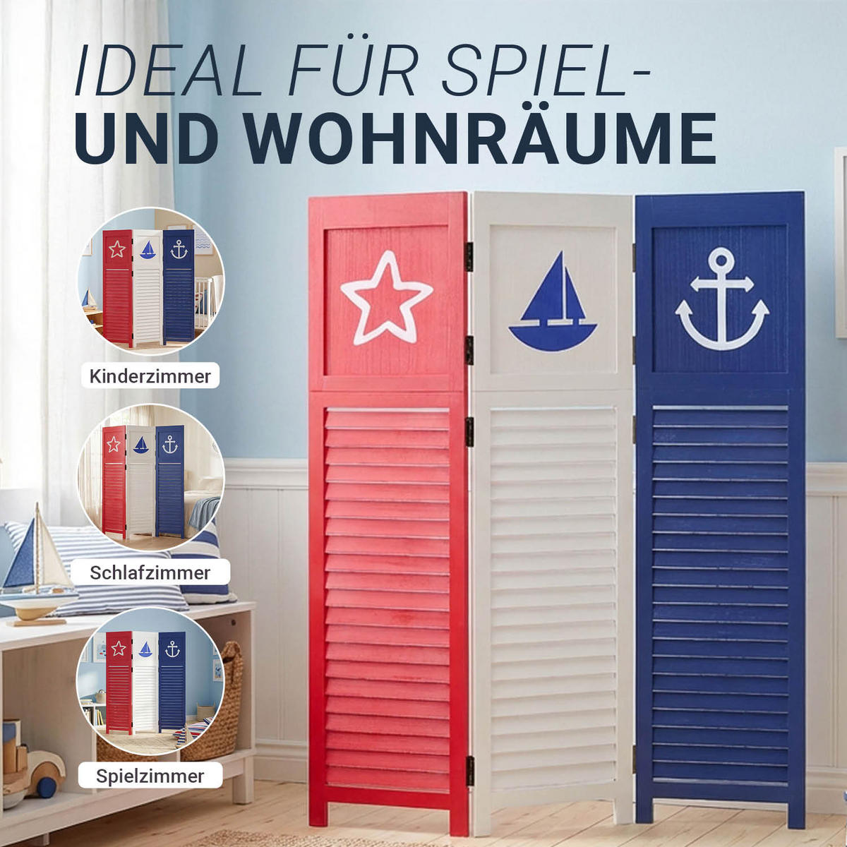 PARAVENT 3-tlg. 105/130 cm Weiß maritim - Weiß, Holz (105/130/1cm) - Homestyle4u