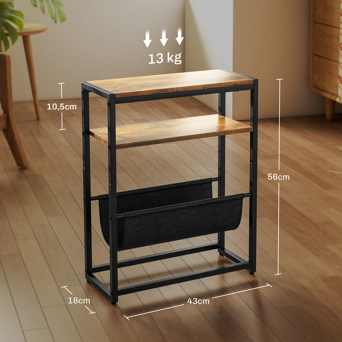 BEISTELLTISCH DE-15764 mit Zeitschriftenhalter Schwarz - Braun, Metall (43/18/56cm) - ComfortXL