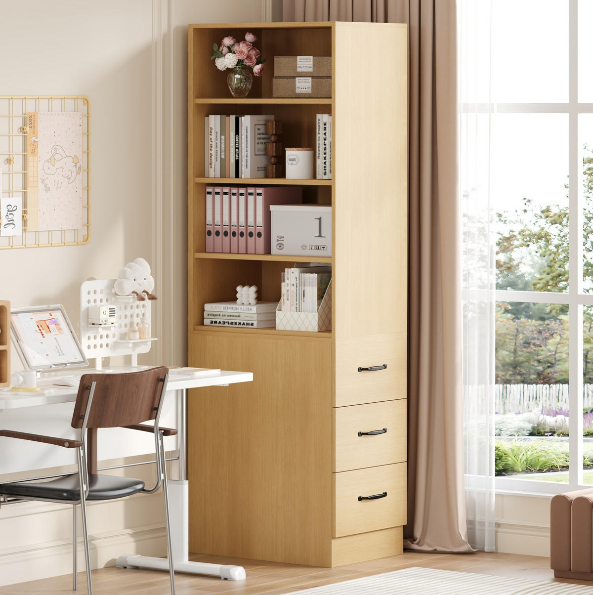 HIGHBOARD 60/38/180 cm in Eiche mit 3 Seitenschubladen und verstellbaren Böden - Eichefarben, Holzwerkstoff (60/180/38cm) - Flora Grace