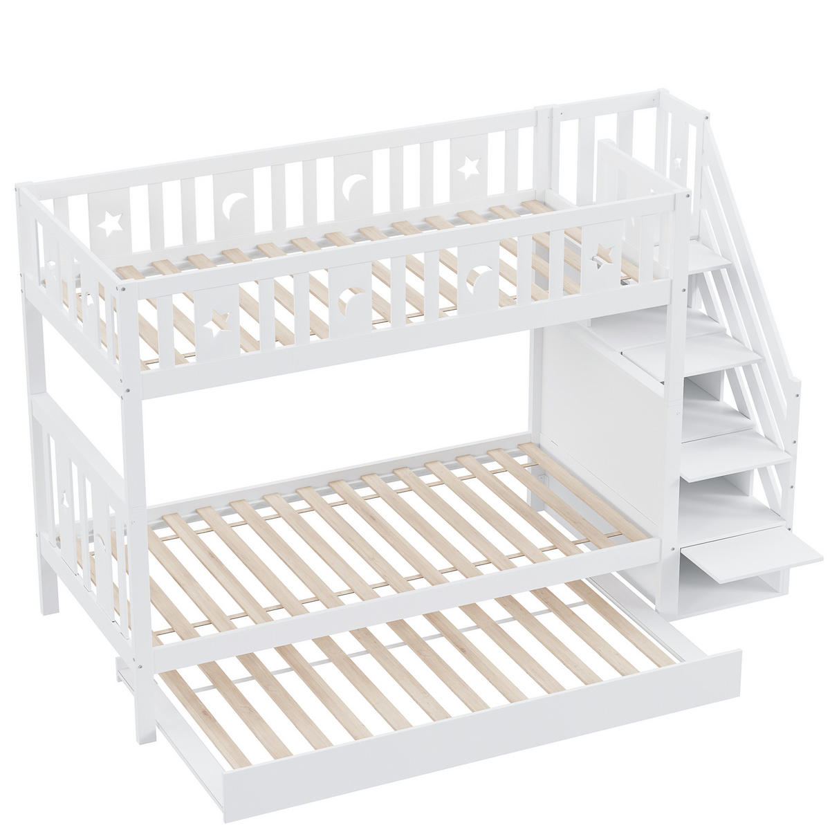 ETAGENBETT 90/200 cm Weiß mit Ausziehbett und Stauraumtreppe - Weiß, Holzwerkstoff (90/200cm) - Flora Grace
