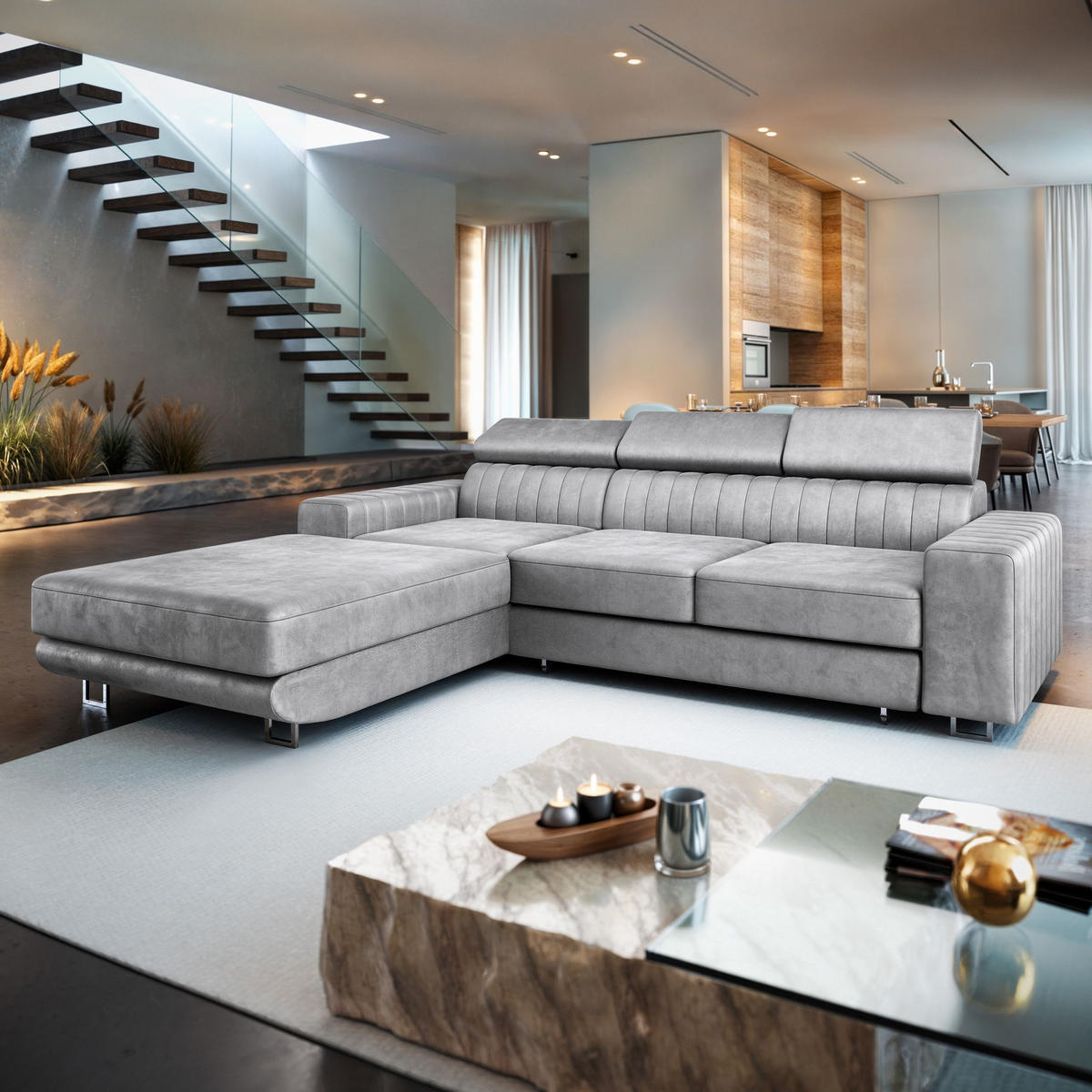 ECKSOFA NOTO L-S Hellgrau Velours-Stoff mit Schlaffunktion - Hellgrau, Holz (267/190cm) - MASSENO