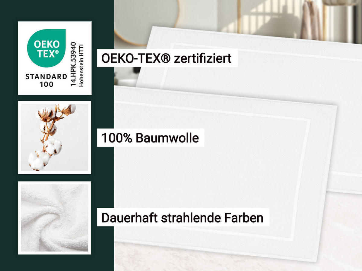 BADEMATTE, 2er-Set, 50x70 cm, 100% Baumwolle, Weiß - Weiß, Textil (50/70cm) - Zollner