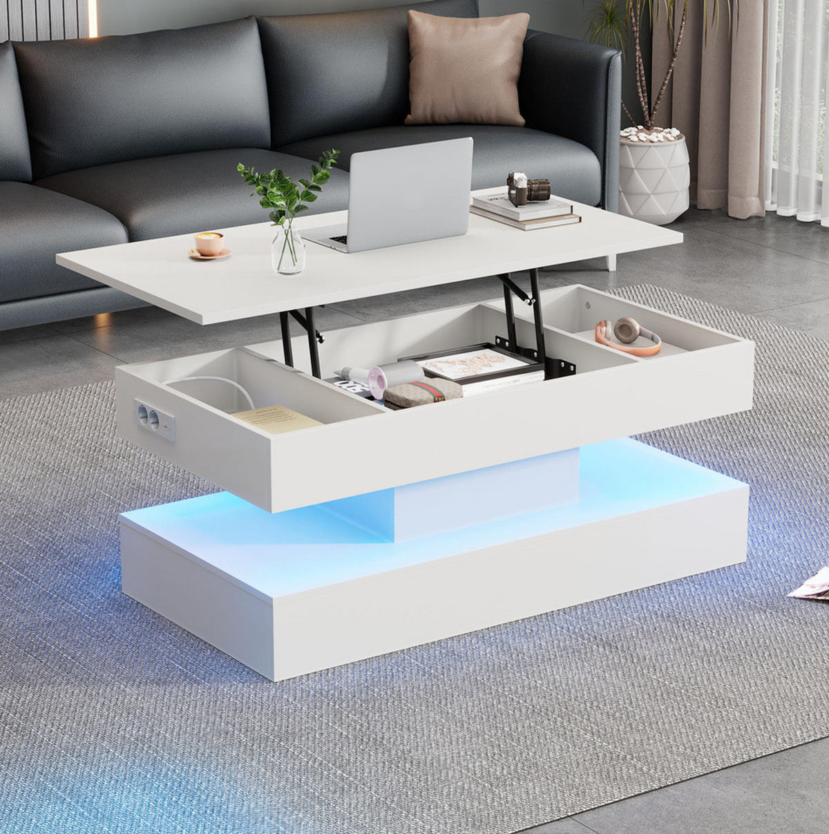 COUCHTISCH, höhenverstellbar mit LED, verstecktem Stauraum und integrierten EU‑Steckdosen, 100/50/42 cm, weiß - Weiß, Holzwerkstoff (100/50/42cm) - Redom