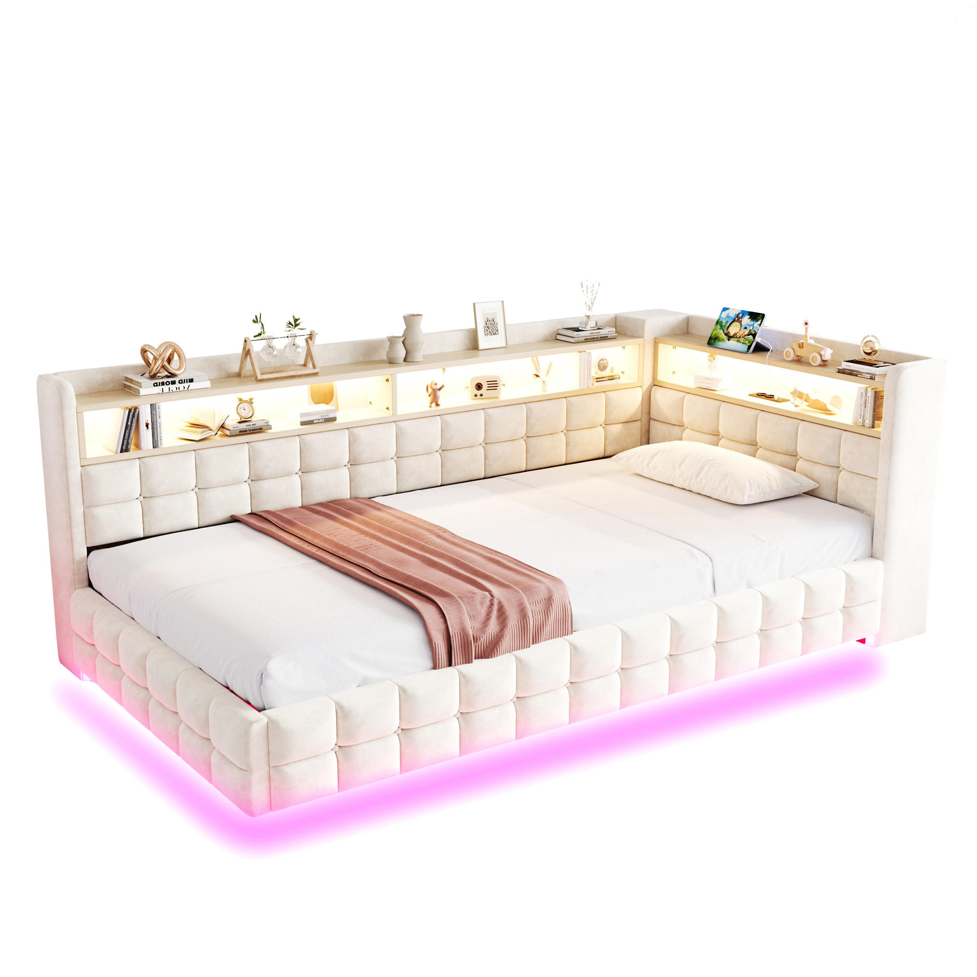 POLSTERBETT 90x200cm Schlafsofa LED Stauraum USB Samt Beige - Beige, Textil (90/200cm) - FLIEKS