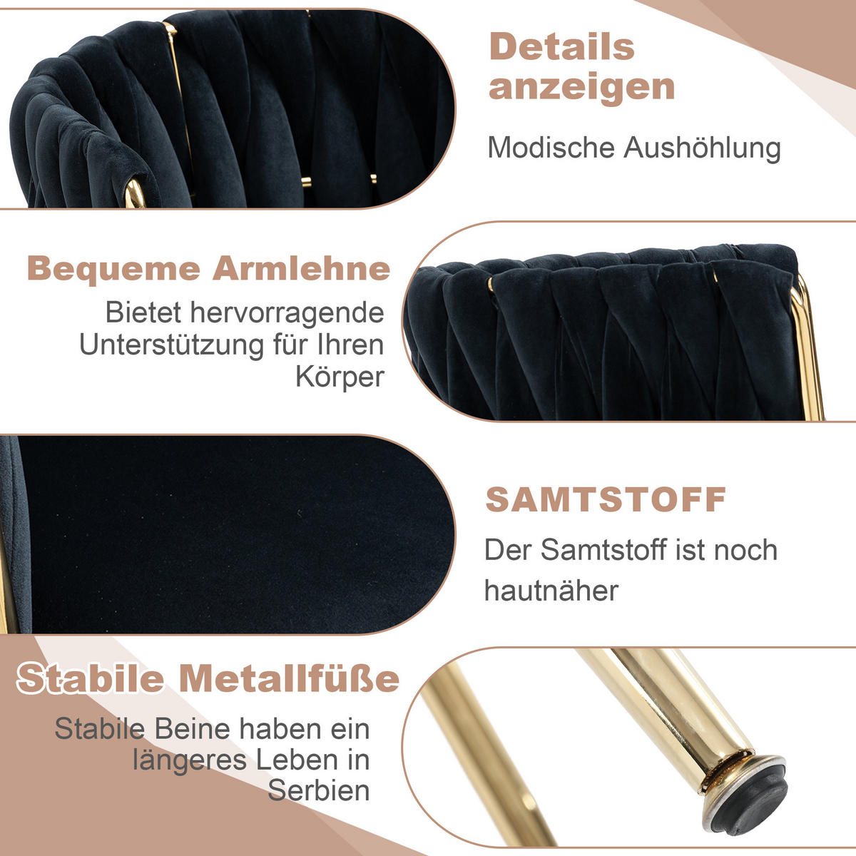 ESSZIMMERSTUHL 2er-Set aus Samt mit Goldbeinen - Schwarz, Textil (55.5/74/41cm)