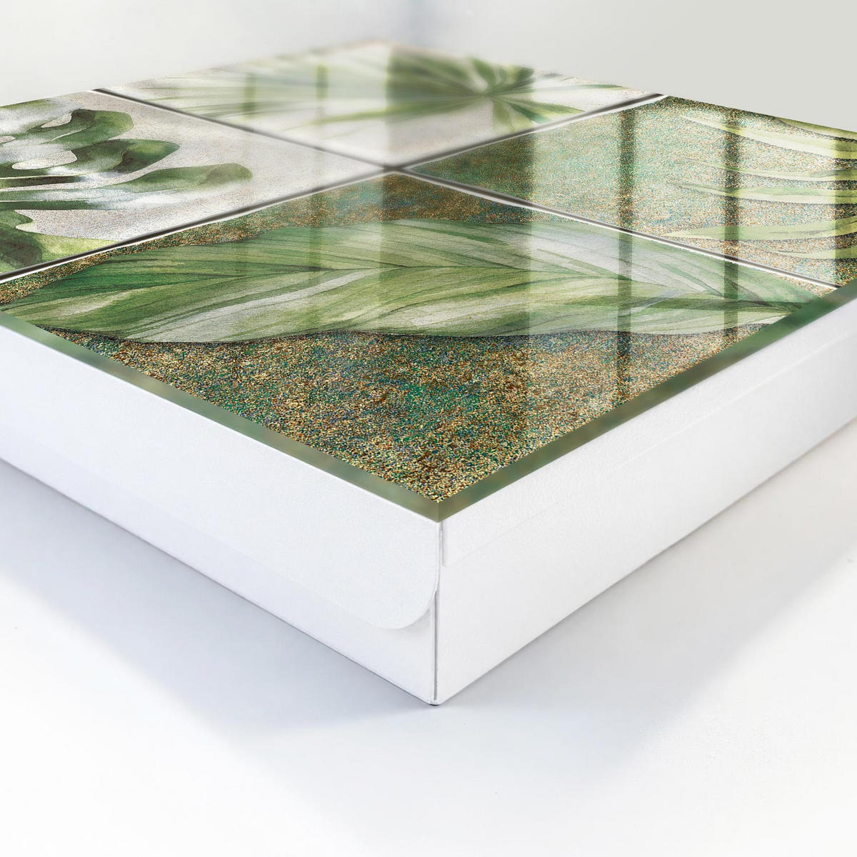 SCHLÜSSELBOX Weiß 30x30 cm – Türöffnung nach rechts - Pflanzenfliesen - Grün, Metall (30/30/5cm) - TULUP