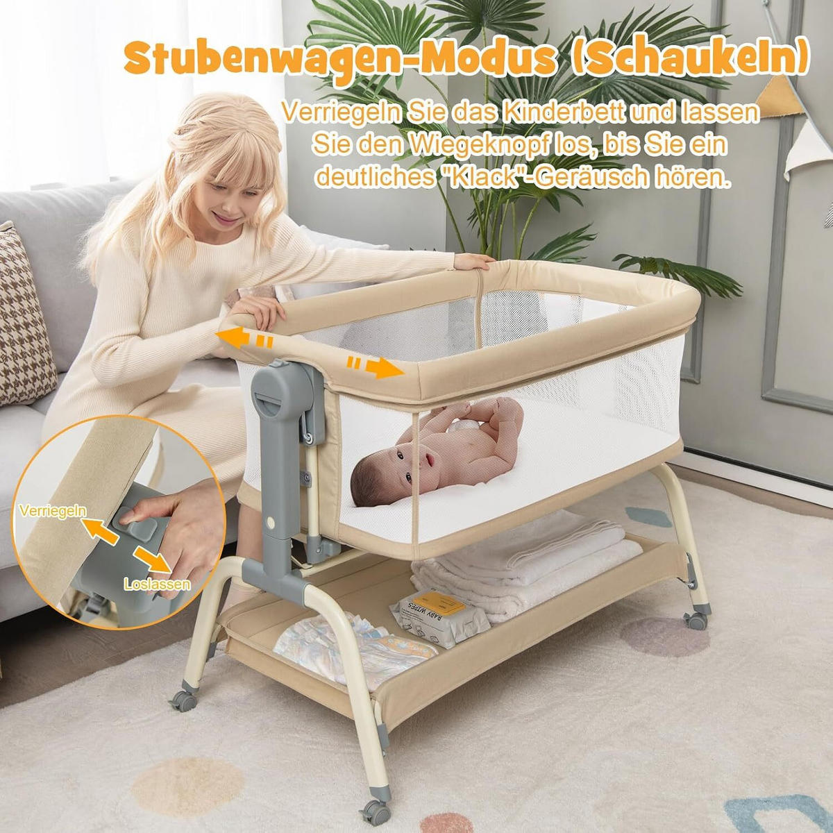 BABYWIEGE faltbar beige - Beige, Textil - COSTWAY