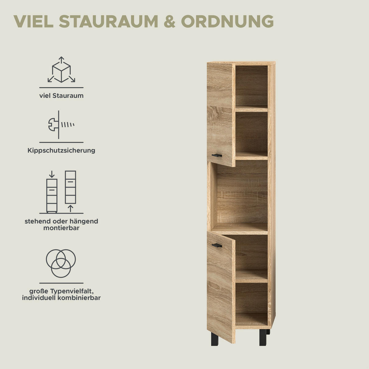BADSCHRANK Boston/Tampa Bad in Eiche Sonoma Nachbildung - modernes Design - B/H/T: 30x125x29 cm - Sonoma Eiche, Holzwerkstoff (30/125/29cm)