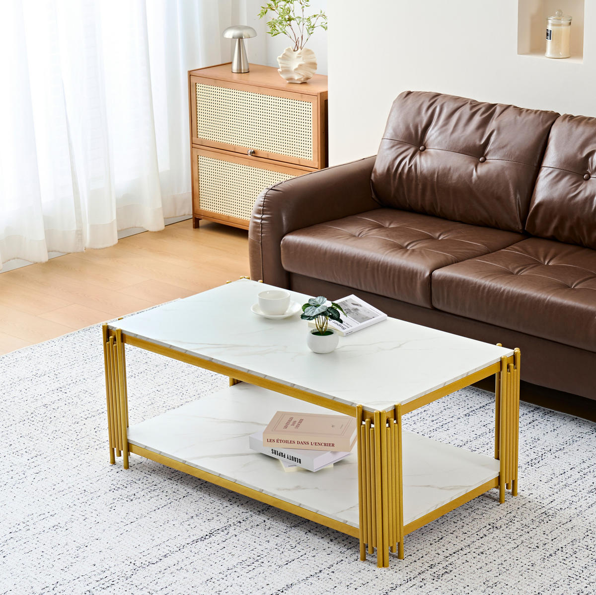 COUCHTISCH 114/64/46 cm in Gold und Weiß aus MDF und Metall mit 2 Ablagen - Weiß, Holzwerkstoff (114/64/46cm) - OKMYHOME
