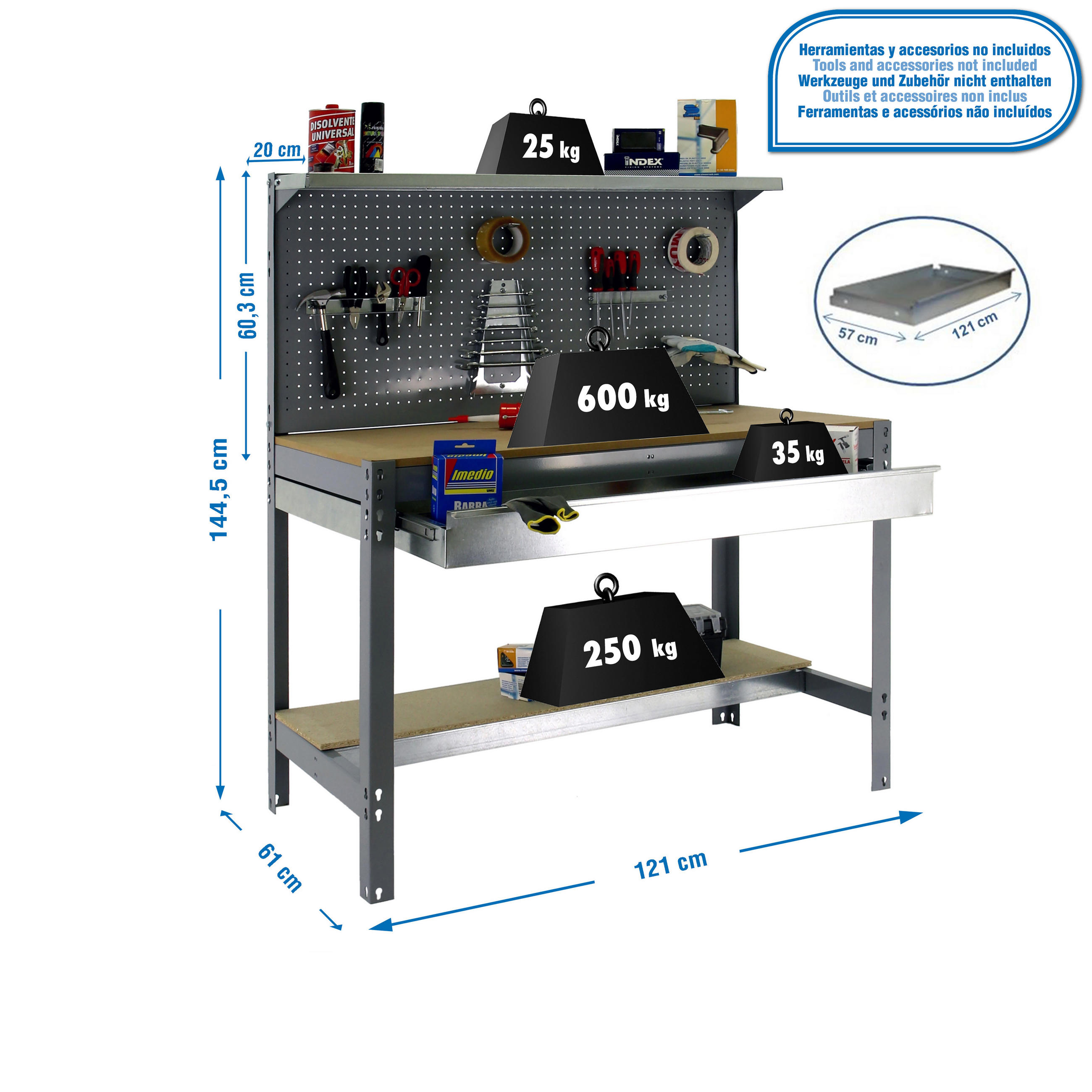 WERKBANK BUFFALO mit Werkzeugwand, Schubfach und Ablage | HxBxT 84x120x61cm | Traglast 600kg | Grau - Grau, Metall (120/84/61cm) - PROREGAL