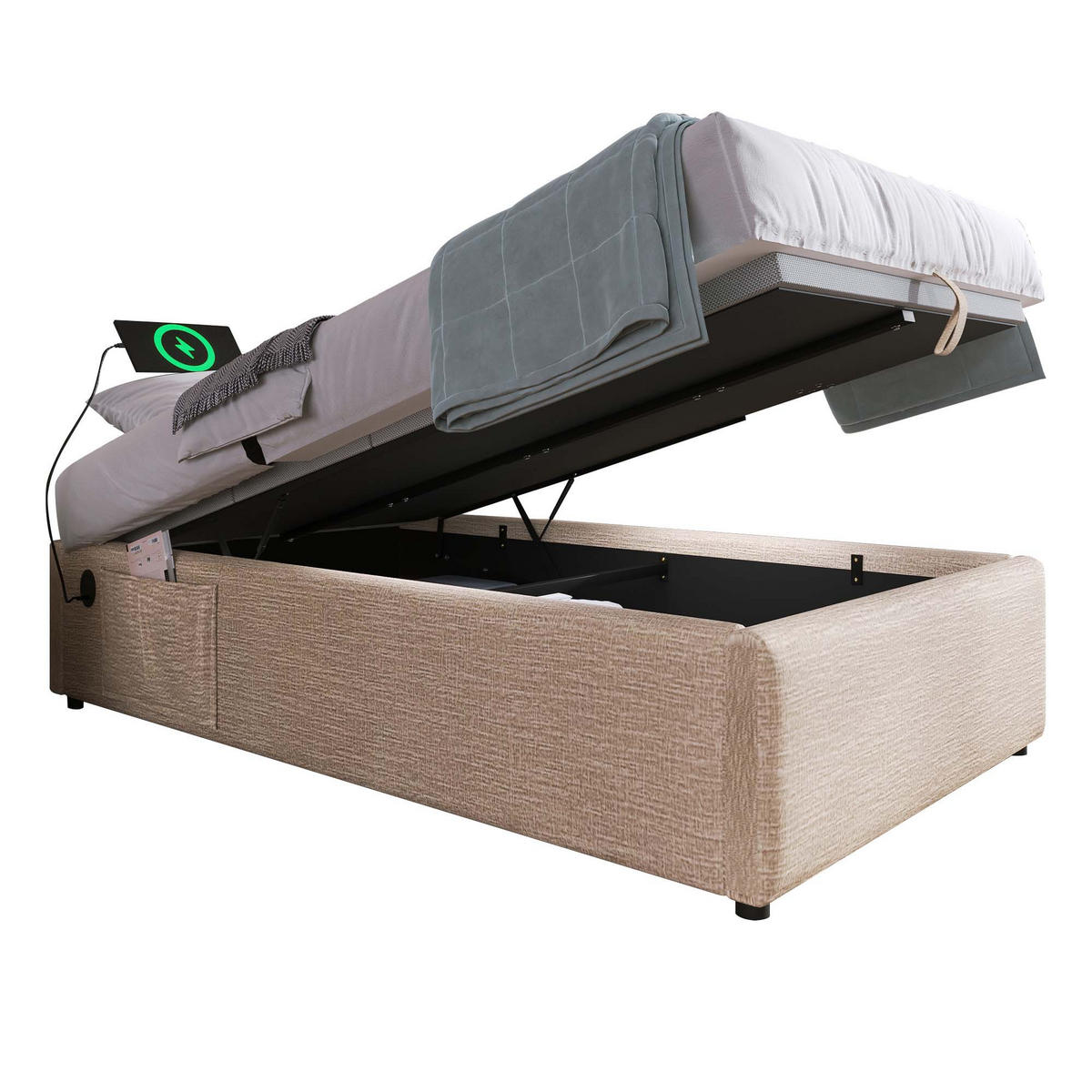 POLSTERBETT 90/200 cm mit Stauraum aus Leinen und USB-C-Anschluss - Beige, Textil (90/200cm) - OKWISH