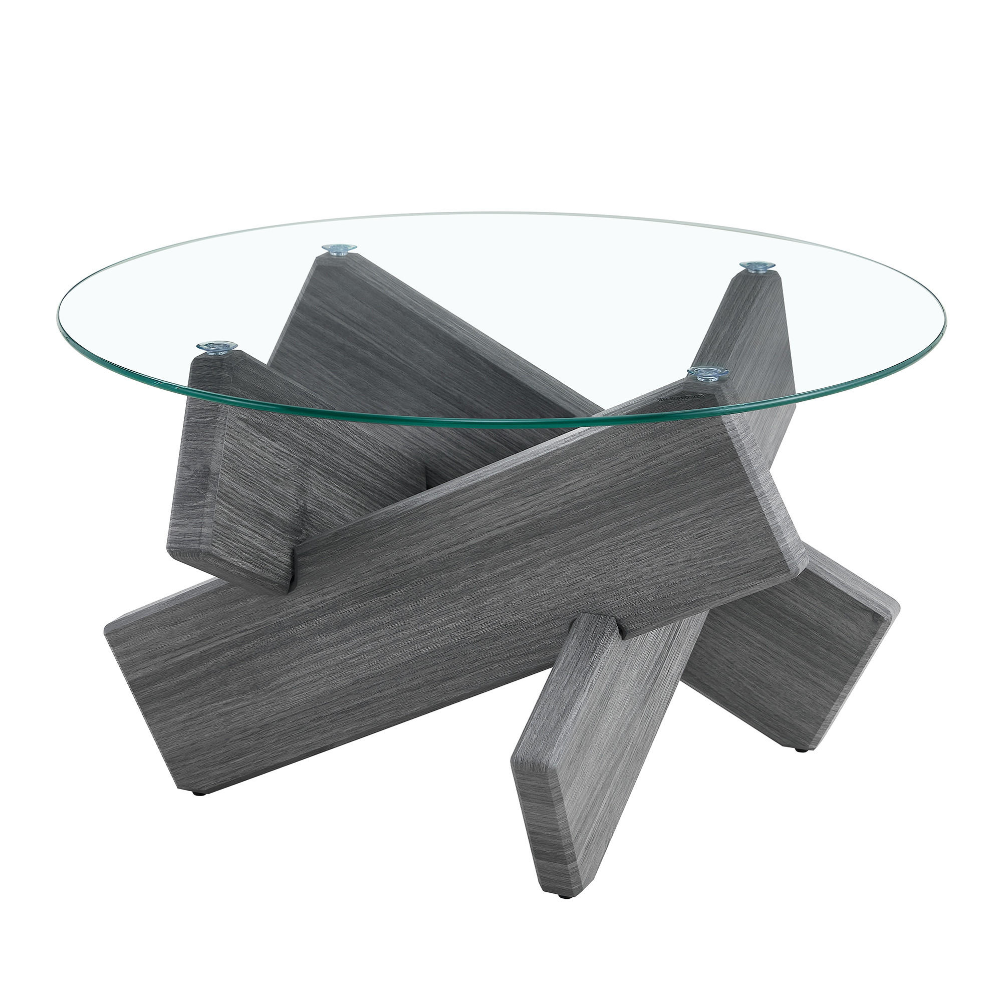 COUCHTISCH rund Glasplatte mit MDF Kreuzgestell modern stabil Ø79 cm Wohnzimmer - Transparent/Grau, Glas/Holzwerkstoff (79/79/45cm) - EVRYAE