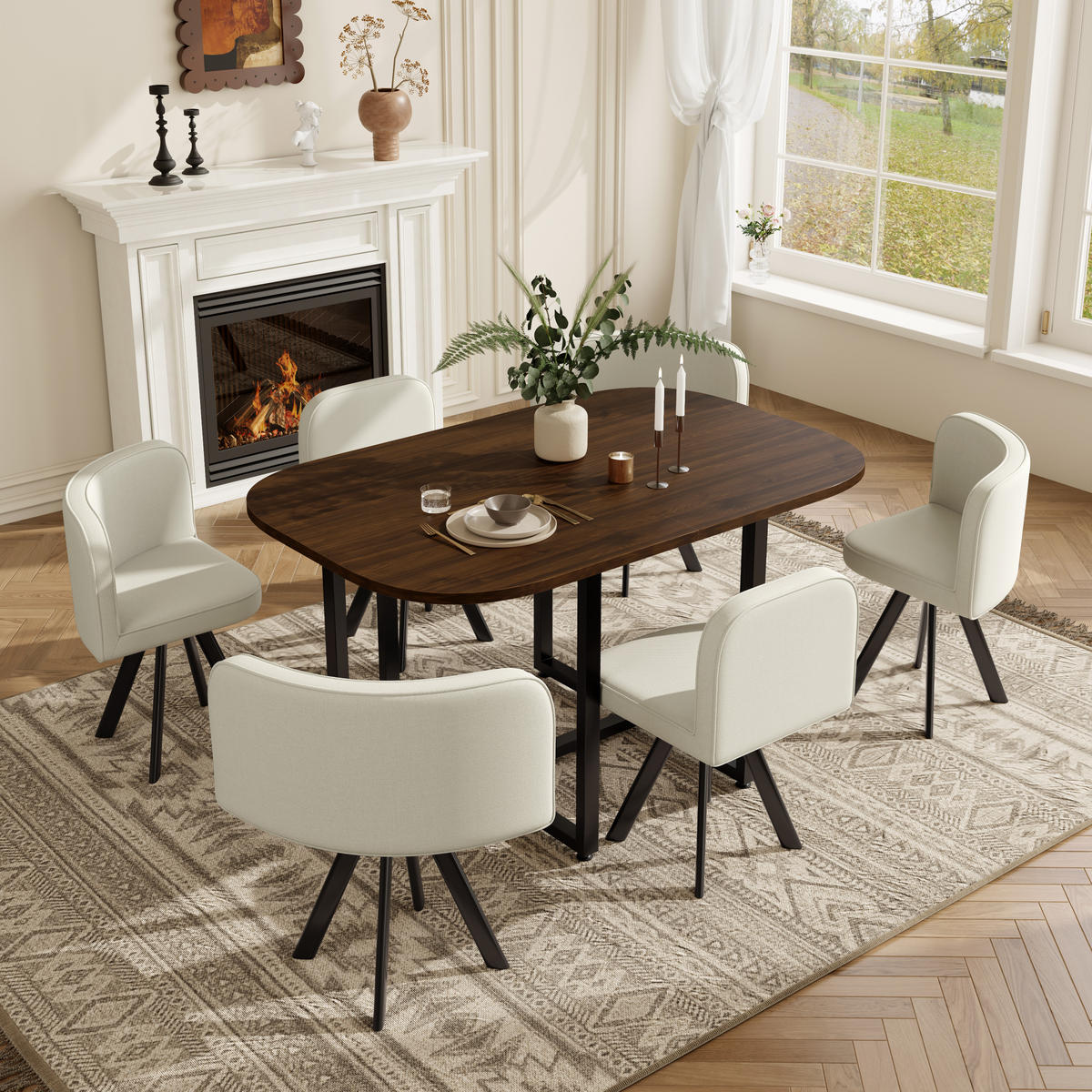 ESSTISCH SET 6 Personen 140x90cm Walnuss Beige Leinen - Beige/Walnussfarben, Holzwerkstoff (140/73/90cm) - FLIEKS