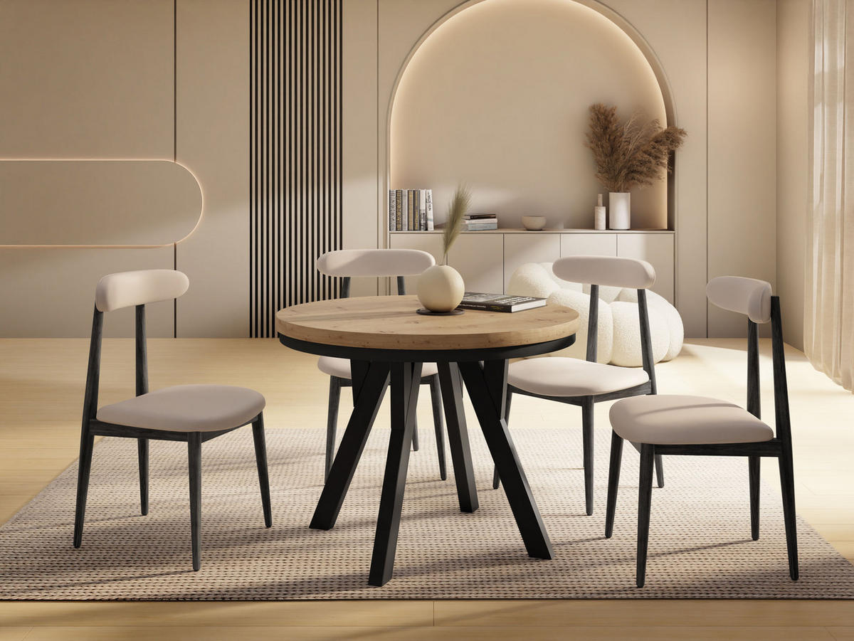 ESSTISCH Vero Neo rund ausziehbar verlängerbar, Eiche Artisan Hellbraun 100-200/100/77 cm - Schwarz/Eiche Artisan, Holz/Holzwerkstoff (100/100/77cm) - WFL GROUP