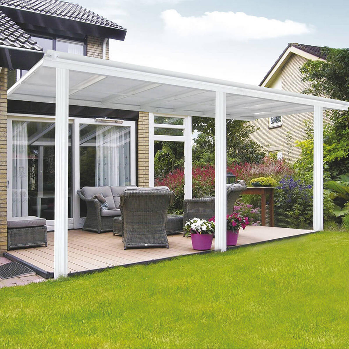 TERRASSENÜBERDACHUNG SOLIS - Farbe: Weiß, Größe: 435 / 442 x 300 / 303 x 278 / 226 cm - Weiß, Kunststoff (434/278/303cm) - Home Deluxe