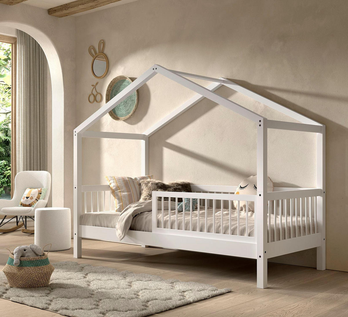 HAUSBETT 90x200 Keeley Buche Weiß Holz Dach Komfort Stabil - Weiß, Holz (90/200cm) - 58aufmkessel
