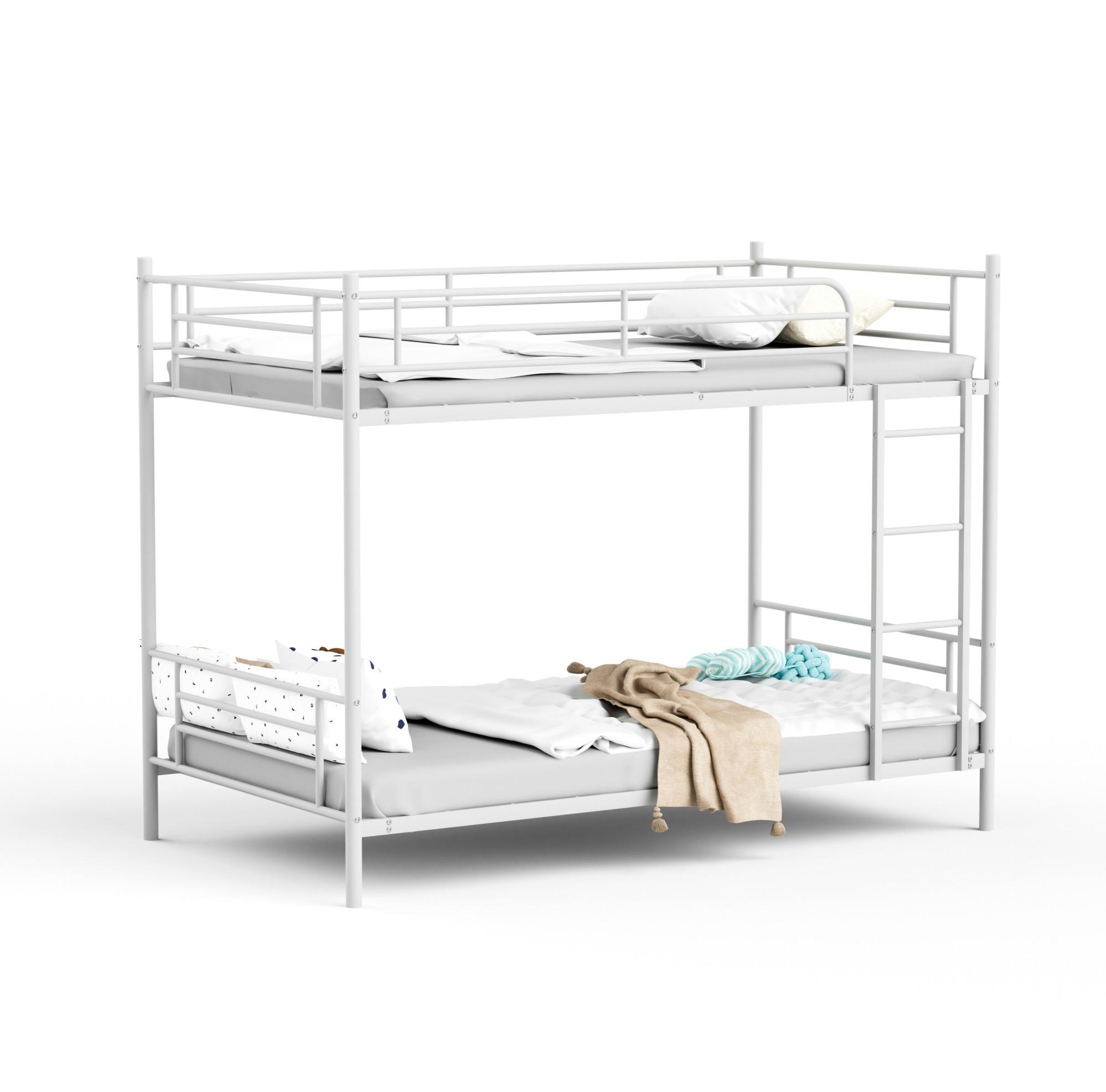 ETAGENBETT Stahl 90x190 cm Weiß mit Leiter und Absturzsicherung - Weiß, Metall (90/190cm) - Modfu