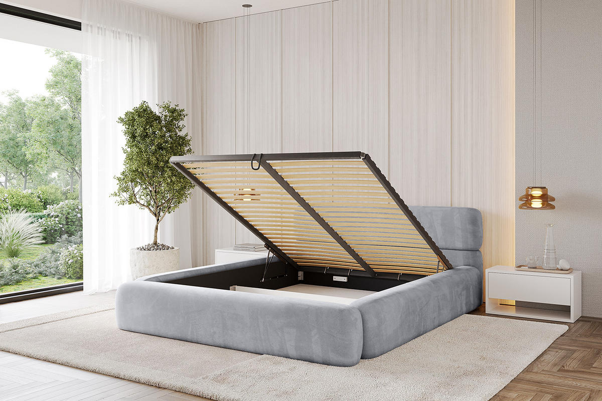 POLSTERBETT mit Bettkasten und Lattenrost, Bett mit Matratze H3/H4 - ENORA-V1 160x200 Hellgrau - Hellgrau, Holzwerkstoff/Textil (160/200cm) - ALTDECOR