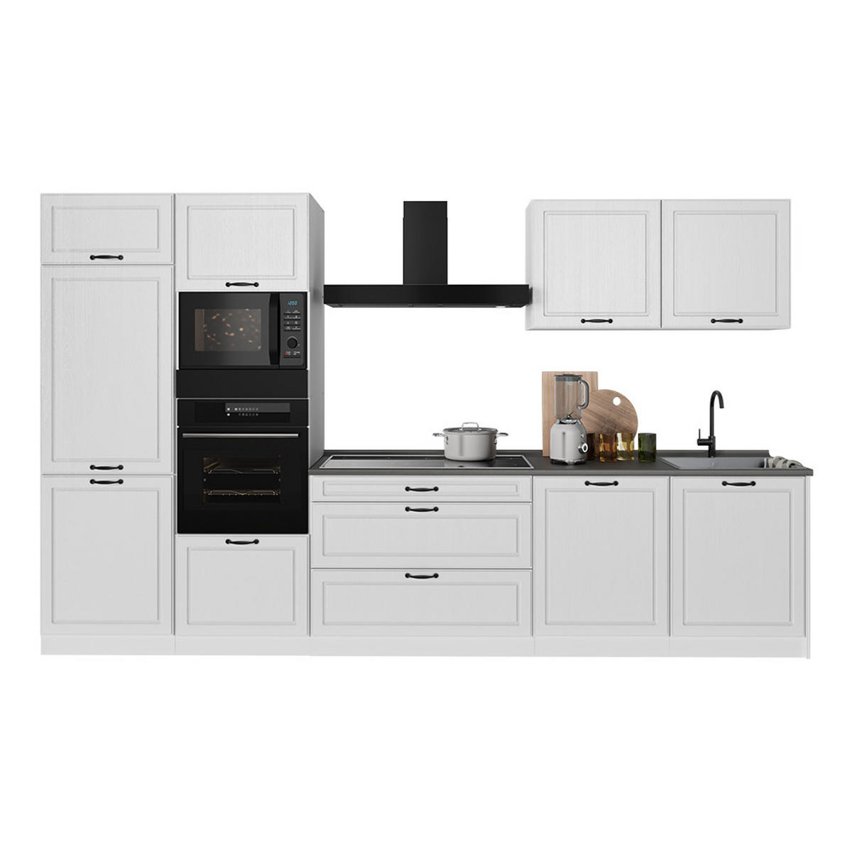 KÜCHENZEILE R-Line, Weiß Landhaus/Weiß, 340 cm Arbeitsplatte Goldkraft Eiche - Weiß, Holzwerkstoff (340/206.8/60cm) - Vicco