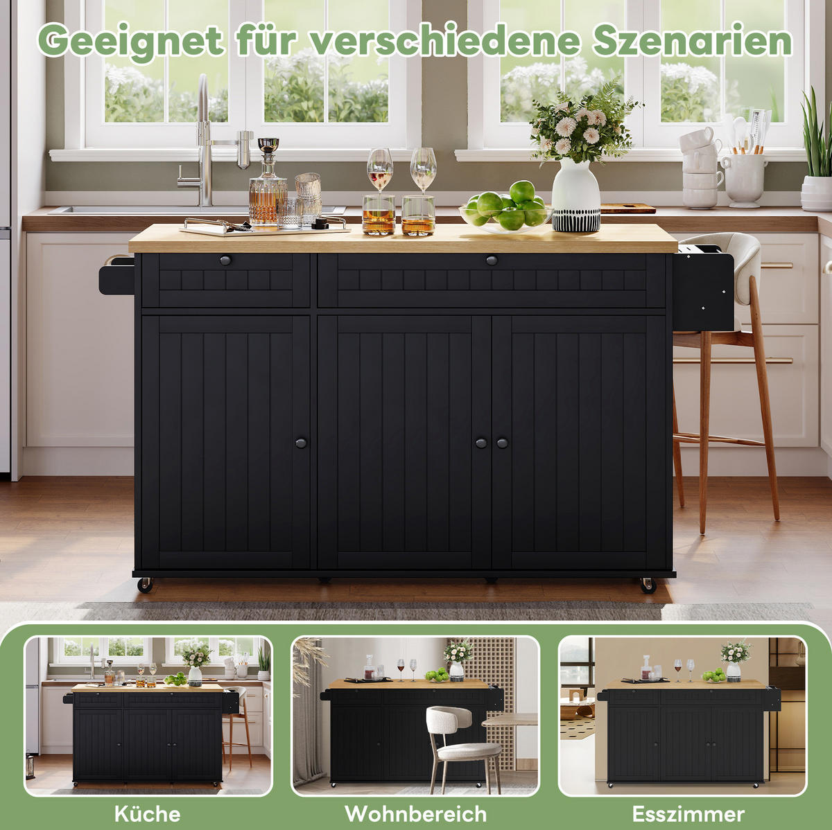 KÜCHENINSEL aus MDF 137x45x89,5 cm Natur/Schwarz mit klappbarer Arbeitsplatte, Schubladen, Schrank und Rollen - Naturfarben, Holzwerkstoff (137/89.5/70cm) - Modfu