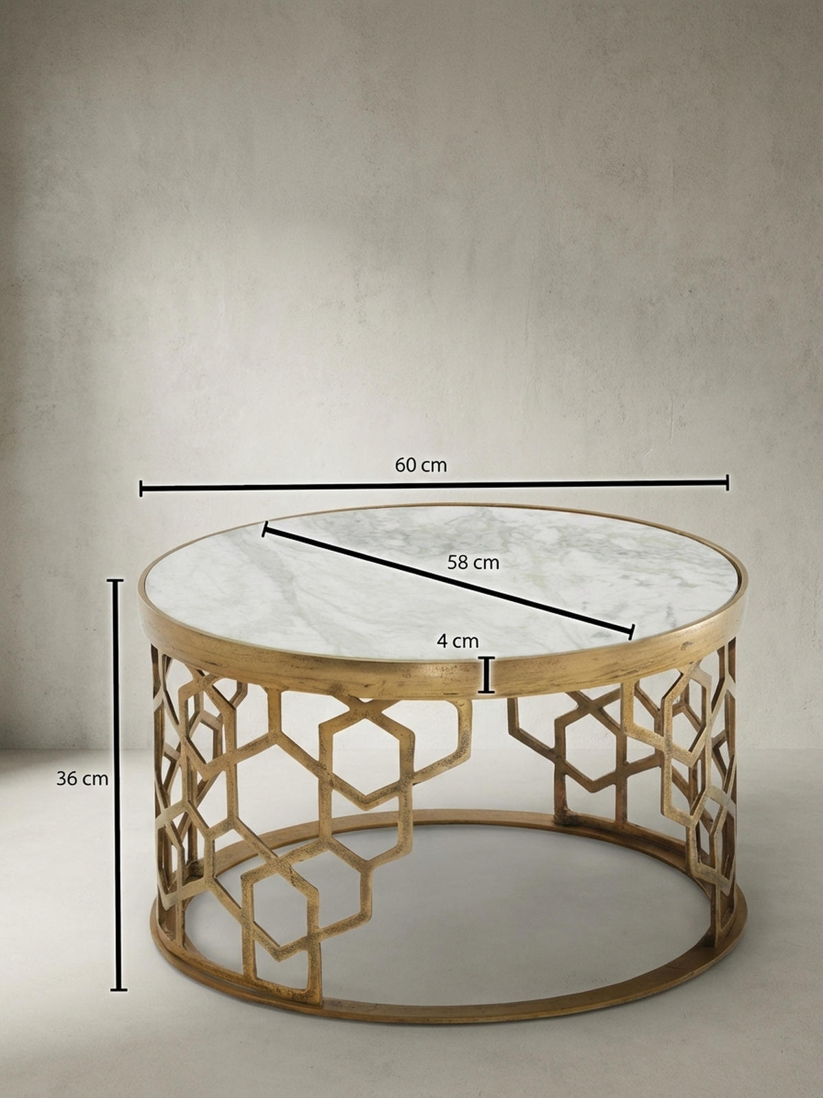 COUCHTISCH Weiß Marmor und Metall, Rund, Maße 60x60x36 cm, Modernes Design - Goldfarben/Weiß, Stein/Metall (60/60/36cm) - KADIMA DESIGN