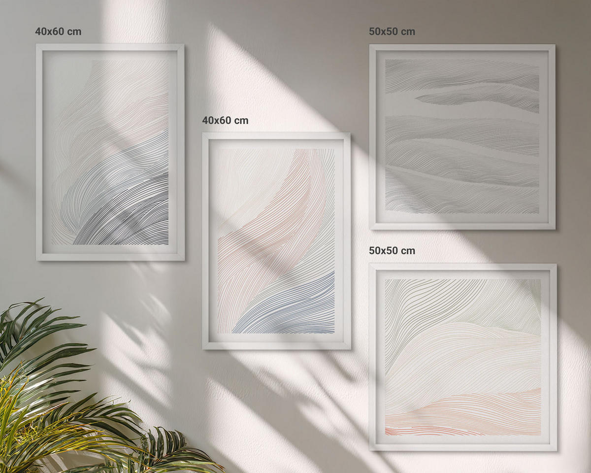 BILDER SET 4er Set - 50x50 cm & 40x60 cm Weißer Rahmen - Abstrakte Pastellwellen - Weiß, Kunststoff (50/50cm) - TULUP