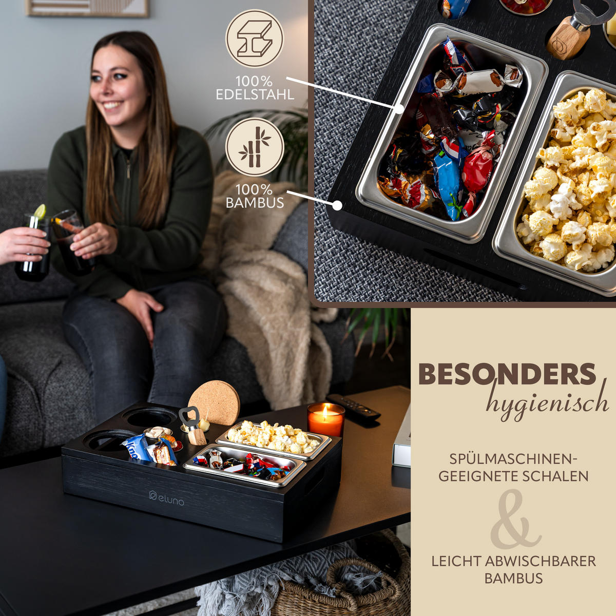 COUCHBAR mit abnehmbarem Deckel, Bambus, schwarz - Schwarz, Holz (26/8/40cm) - eluno