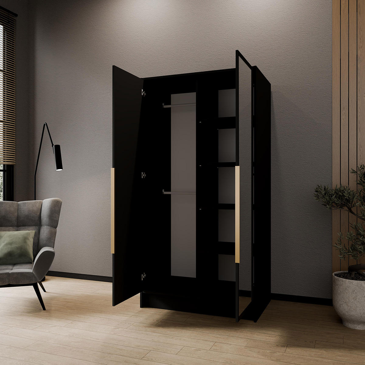 DREHTÜRENSCHRANK Laro mit Spiegel, Schwarz mit goldenen Griffen, 100 cm - Schwarz, Holzwerkstoff (100/200/51cm) - Beautysofa