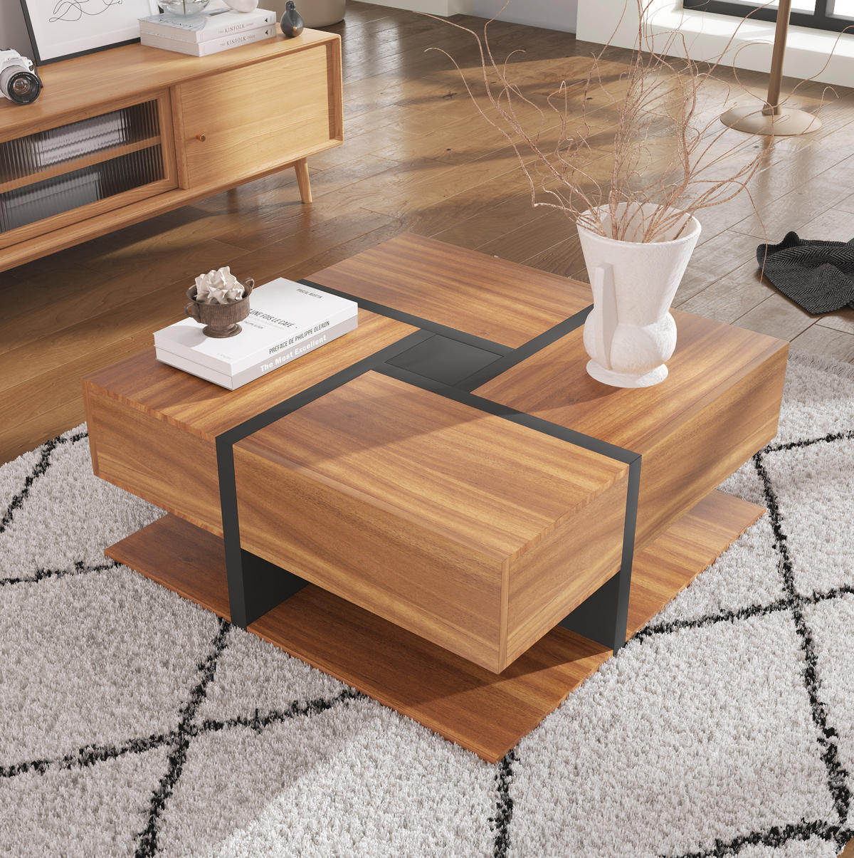 COUCHTISCH 78/78/36 cm mit 4 Schubladen und Ablage in Natur/Schwarz - Naturfarben, Holzwerkstoff (78/78/36cm) - Flora Grace