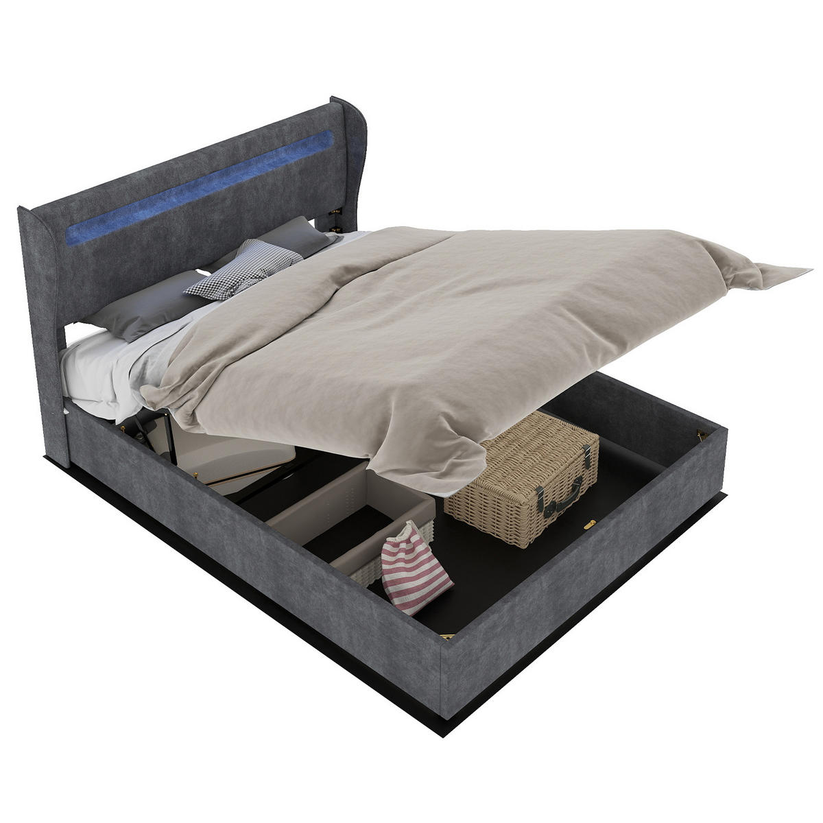 POLSTERBETT 140x200 cm LED Stauraum grau - Grau, Textil (140/200cm) - LEBENLANG