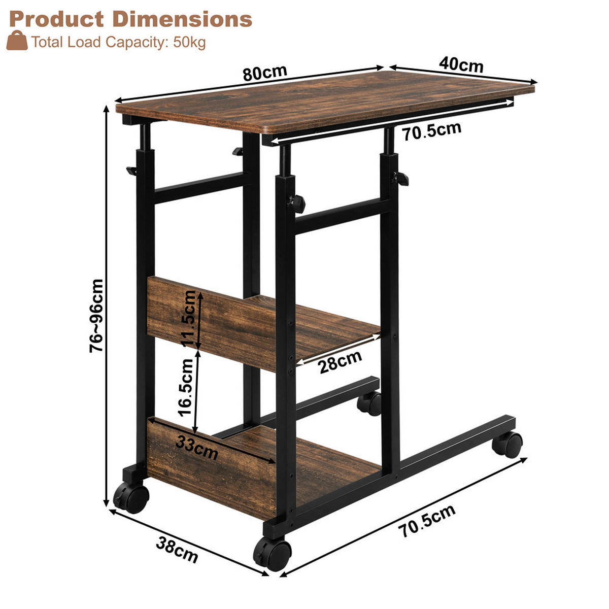 BEISTELLTISCH C-Form höhenverstellbar mit Rollen Braun Sofa Tisch - Braun, Metall (40/80/96cm) - Kaket
