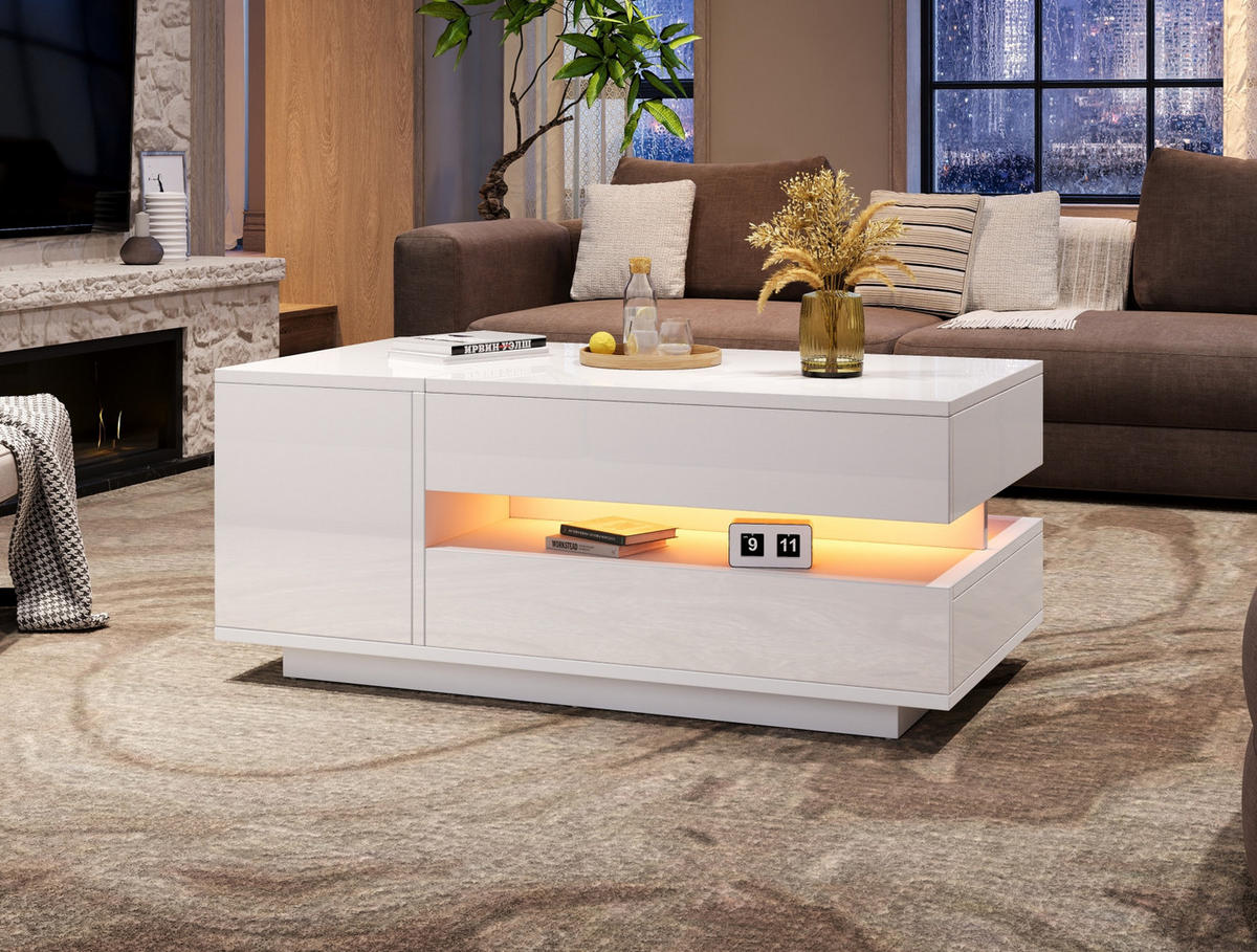 COUCHTISCH 95/50/34,5 cm in Weiß mit Hebefunktion und LED-Beleuchtung - Weiß, Holzwerkstoff (90/50/34.5cm) - Flora Grace