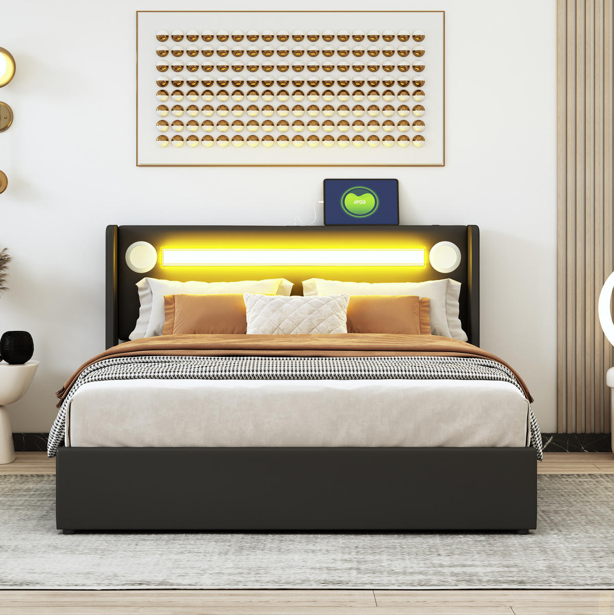 POLSTERBETT mit LED-Beleuchtung 140/200 cm mit Bettkasten und USB in Schwarz - Schwarz, Kunststoff (140/200cm) - BEAOK