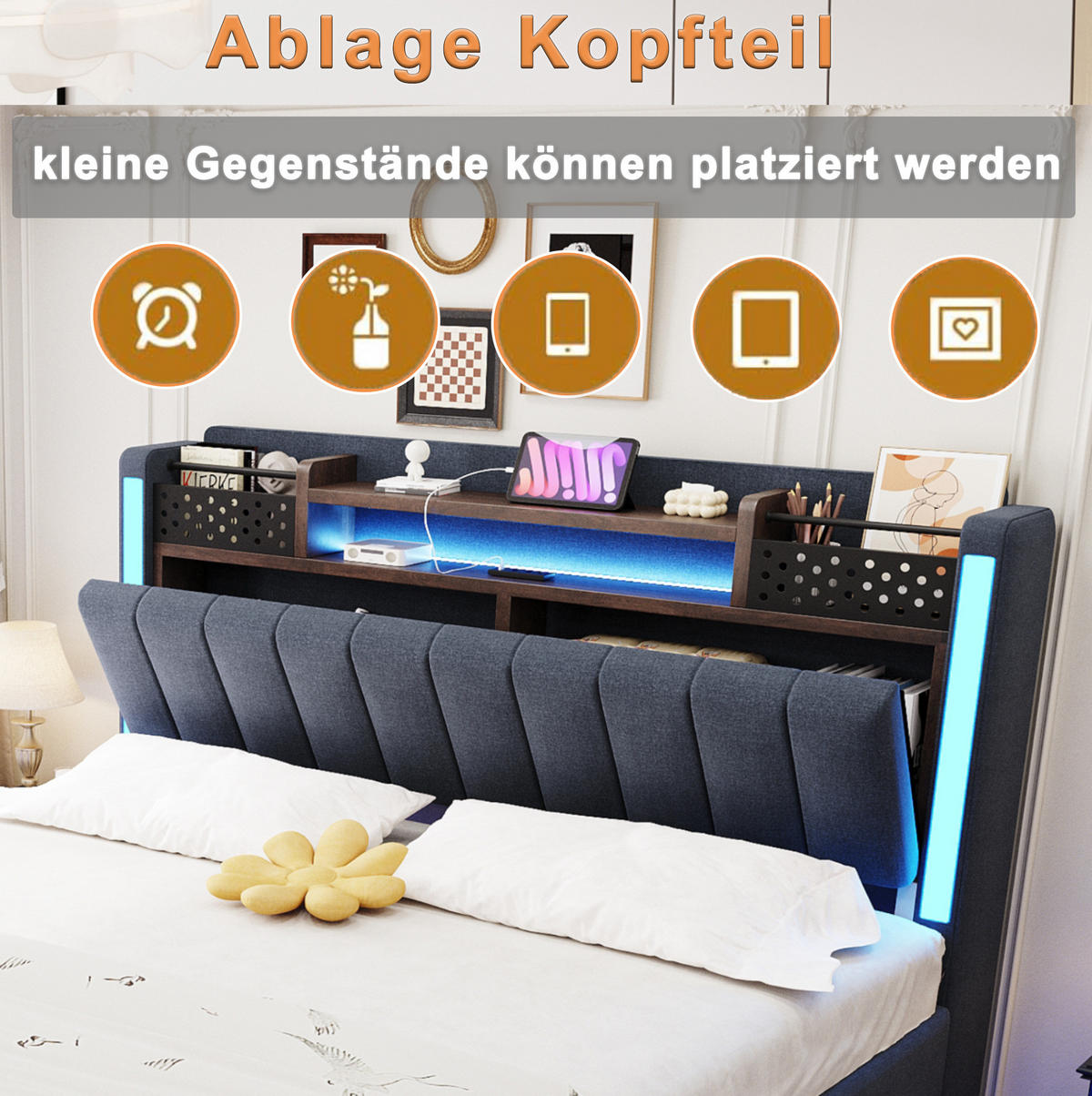 POLSTERBETT 140/200 cm Grau aus Leinenstoff mit LED-Beleuchtung und USB-Anschluss - Grau, Textil (140/200cm) - OKMYHOME